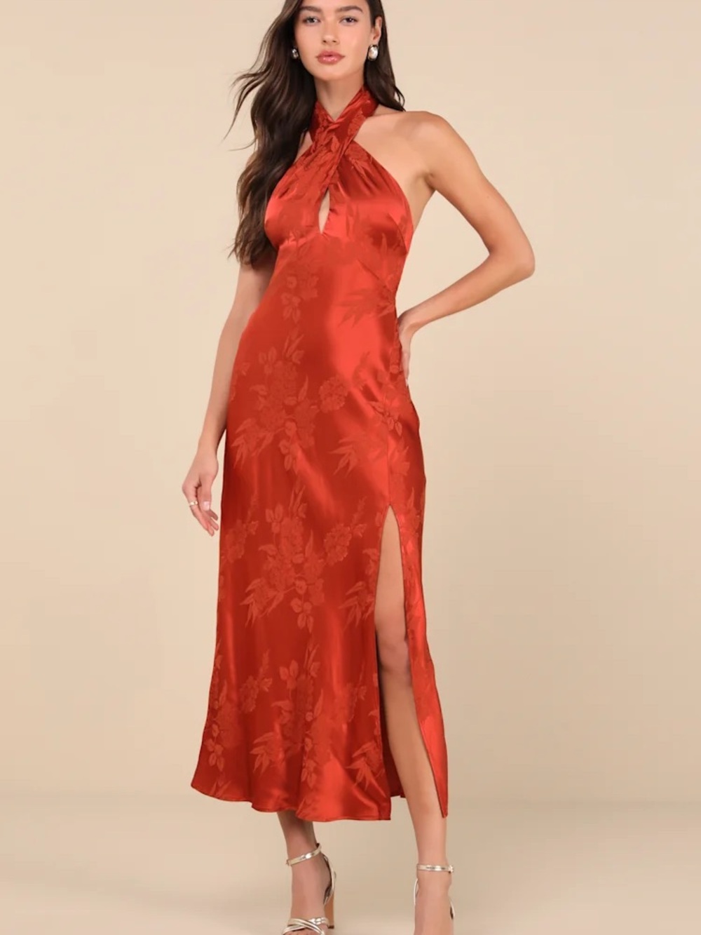 ASTR Marissa Rust Floral Jacquard Satin Halter Midi Dress
